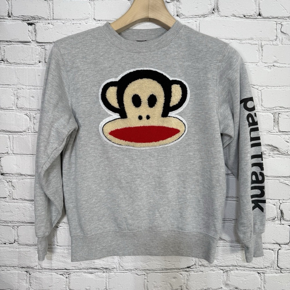 Paul Frank Sweatshirt Juniors XS Julius Monkey Patch Gray Crewneck Graphic LS